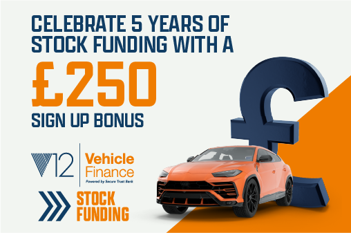 On a background of off white with a orange triangle in the bottom right, there is a orange car with a dark blue pound sign behind it on the right hand side. On the left hand side there is the text 'celebrate 5 years of stock funding with a £250 sign up bonus'. Underneath this there is the V12 Vehicle Finance logo and the Stock Funding logo.