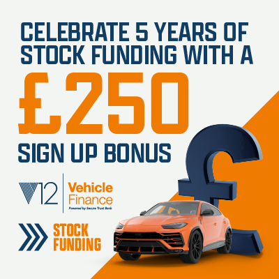 A white and orange background with the text 'Celebrate 5 Years of stock funding with £250 sign up bonus'. Below this there is the V12 Vehicle Finance logo and the stock funding logo with a car and a pound sign to the right