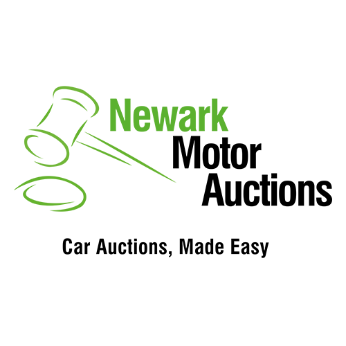 A green outline of an auction hammer with the words 'newark motor auction' to the right of it in green and black. Underneath this there are the words 'Car auctions, Made easy'