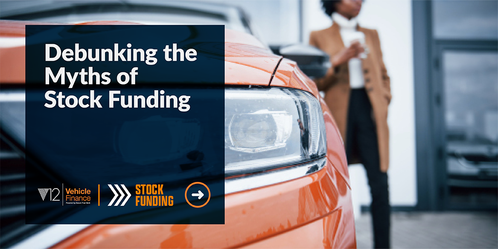 Orange car in the foreground with a woman to the right of the background slightly behind the car. The words 'Debunking the Myths of Stock Funding' are on a navy blue rectangle box over the front of the car.